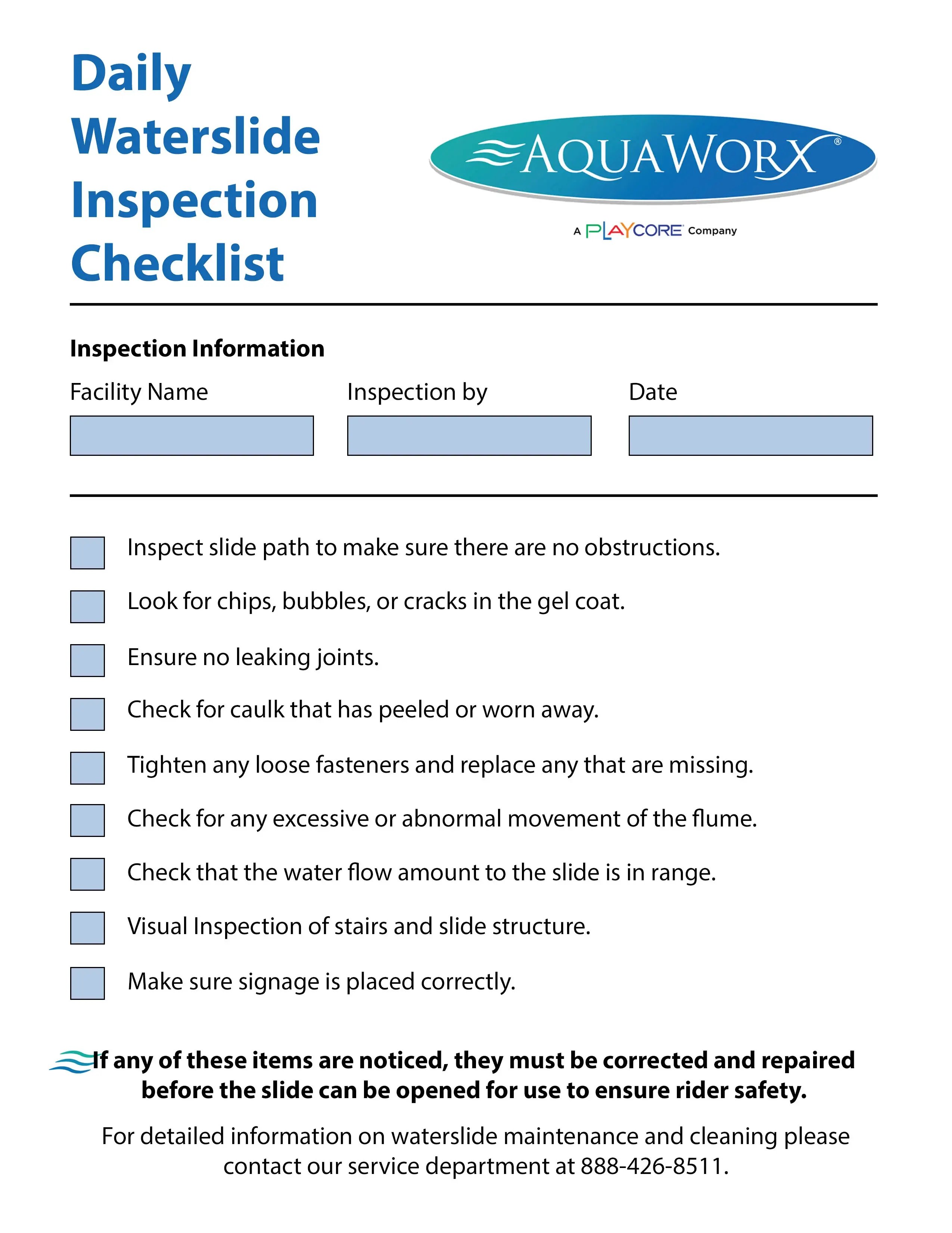 Waterslide Inspection Checklist