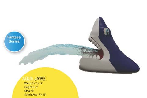 rendering of spraying shark interactive water feature and product specifications