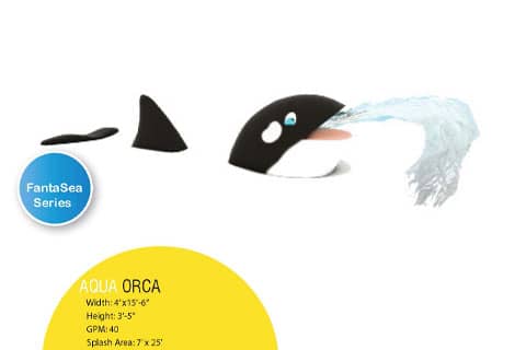 rendering of spraying orca interactive water feature and product specifications