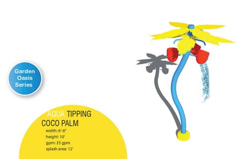 rendering of palm tree water feature with tipping coconut water buckets