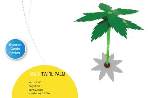 rendering of spinning palm tree water feature with product specifications 