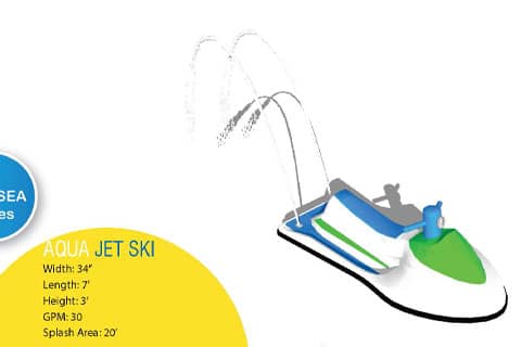 rendering and product specifications of spraying jet ski water feature