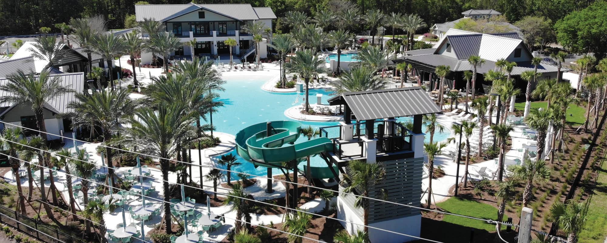 overhead view of waterslide tower and surrounding rooflines