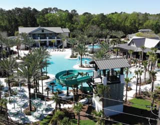 overhead view of waterslide tower and surrounding rooflines