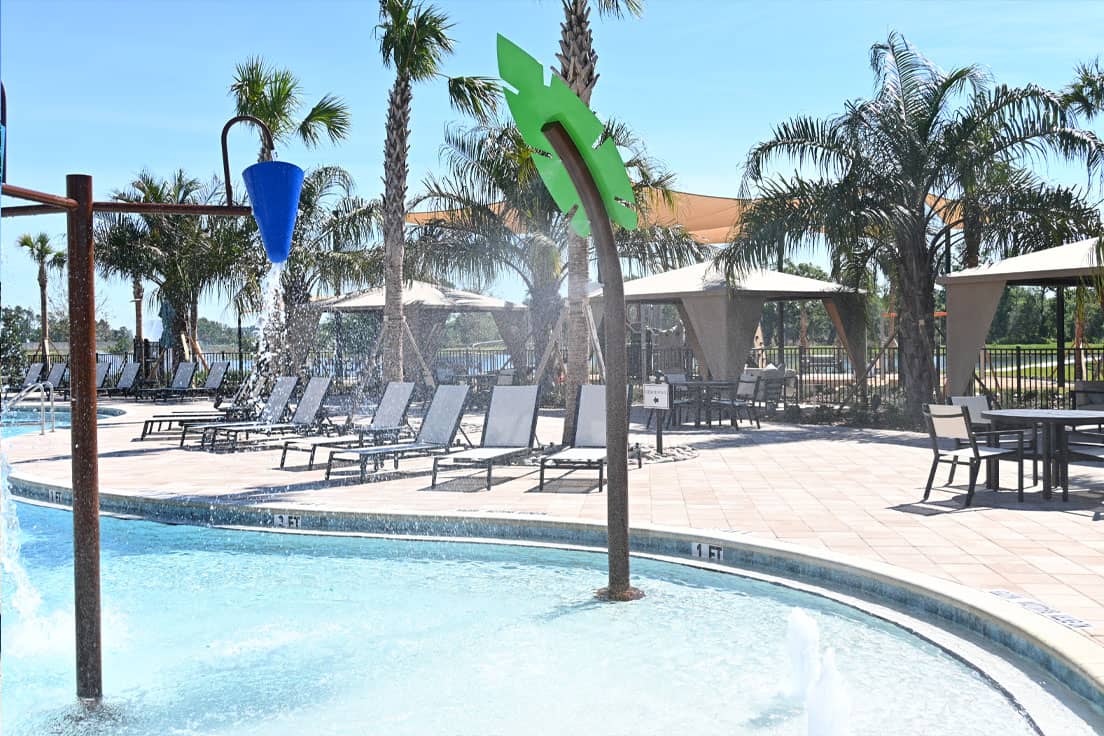misting palm tree water feature in a swimming pool