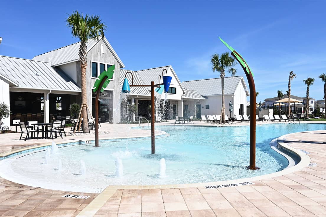tropical-themed water features in a swimming pool