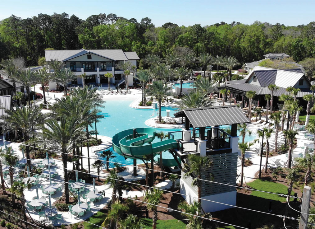 overhead view of swimming pool picturing modern rooflines