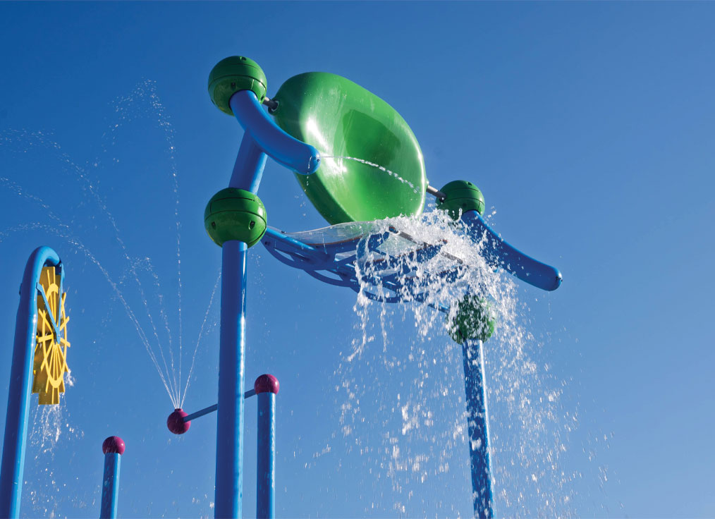 large Water Odyssey dumping bucket affixed to an AquaWorx multi-level water playset