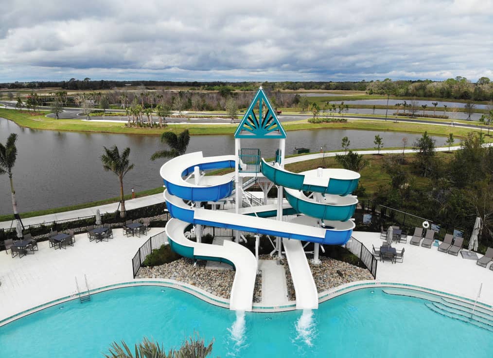 dual flume waterslide tower with blue and green body slides