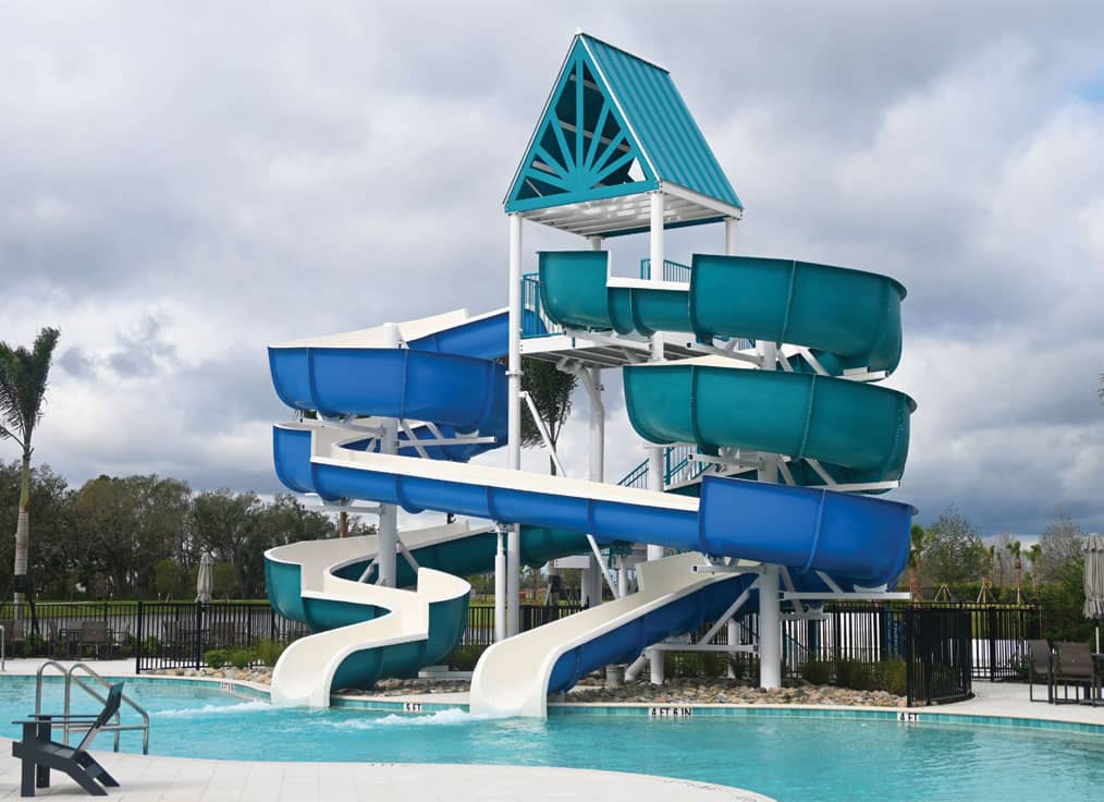dual flume waterslide structure with blue and green open flume waterslides