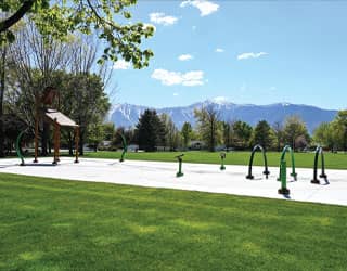 splash pad with brown and green water features that creates a nature-themed aquatic play space