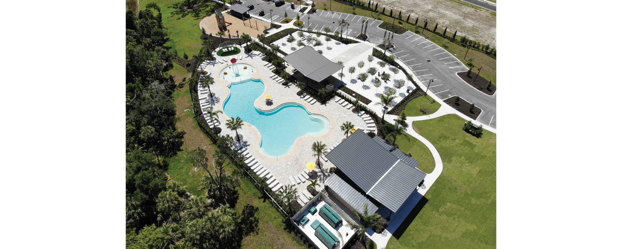overhead view of swimming pool clubhouse in a master-planned community
