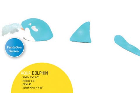 rendering of spraying dolphin interactive water feature and product specifications